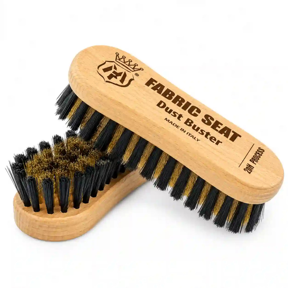 Labocosmetica Fabric Seat cleaning brush with wooden handle and soft black and brass-coloured bristles