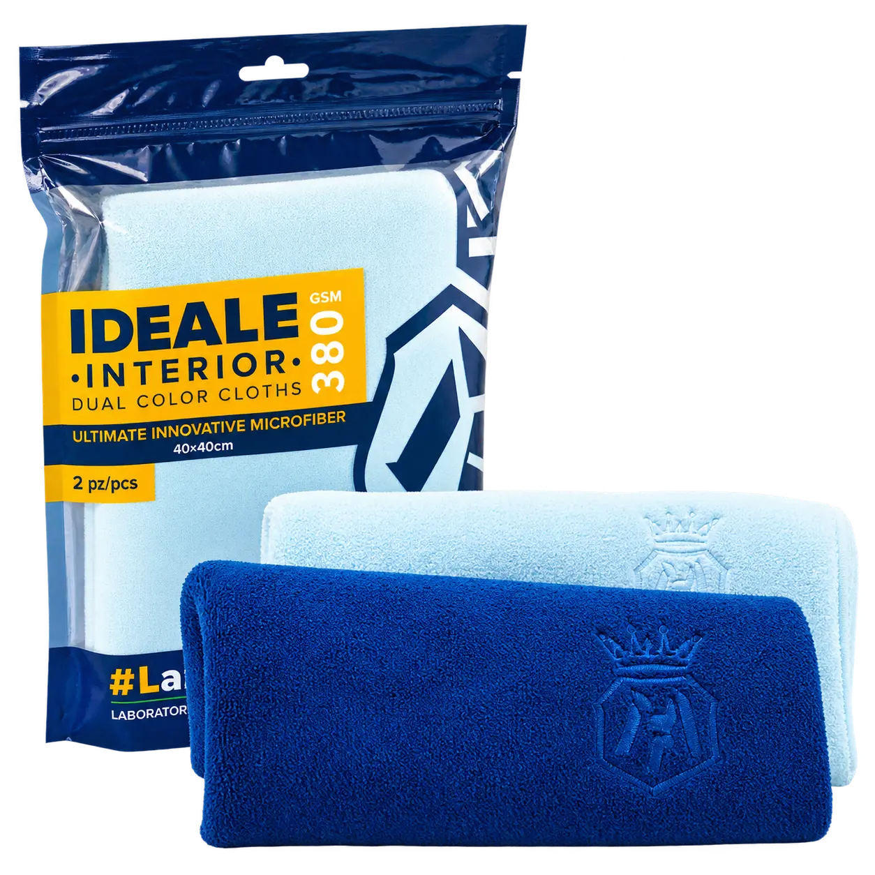Labocosmetica Ideale Interior blue microfibre cloth with packaging