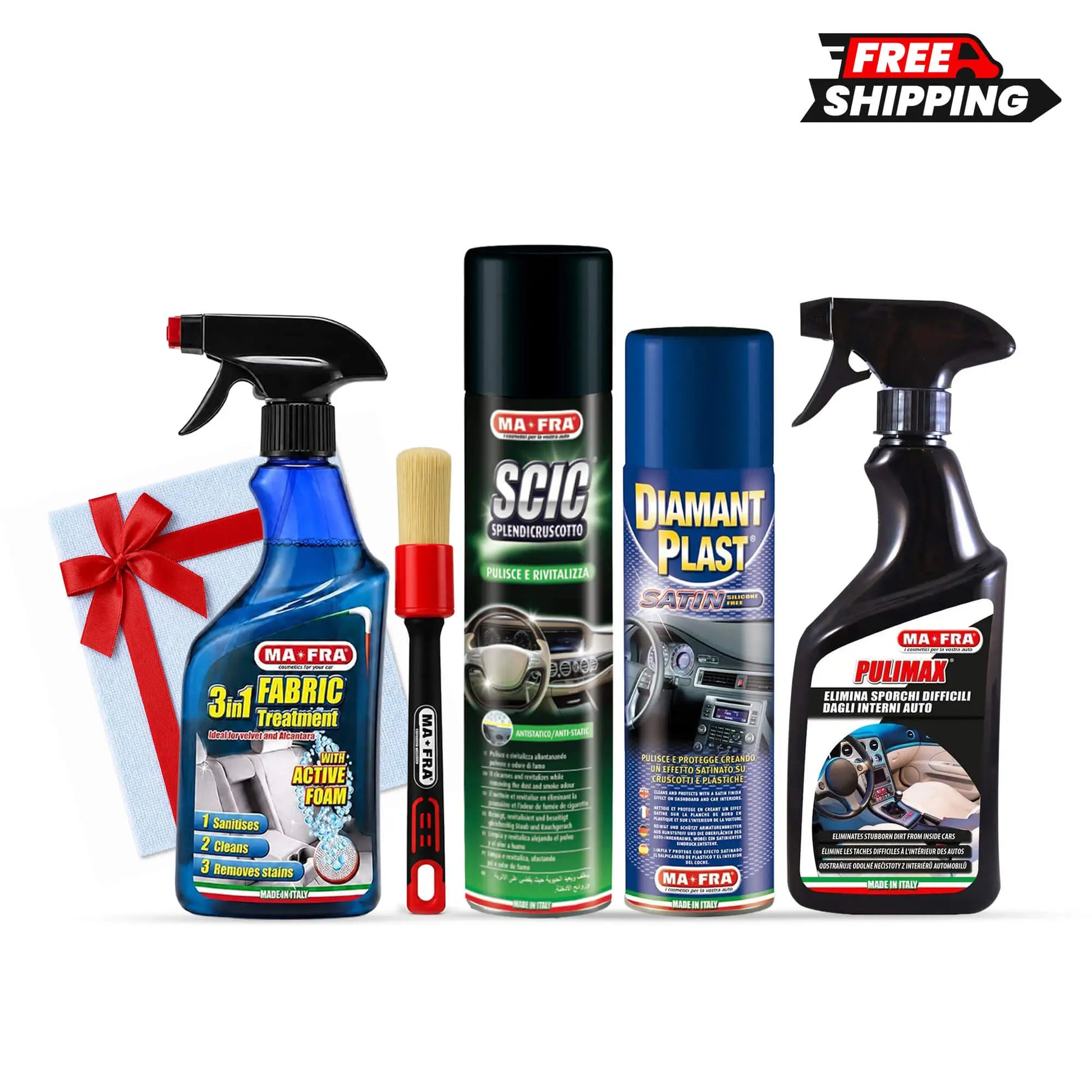 MAFRA complete interior care bundle with interior cleaners fabric cleaner dashboard care products detailing brush and free towel