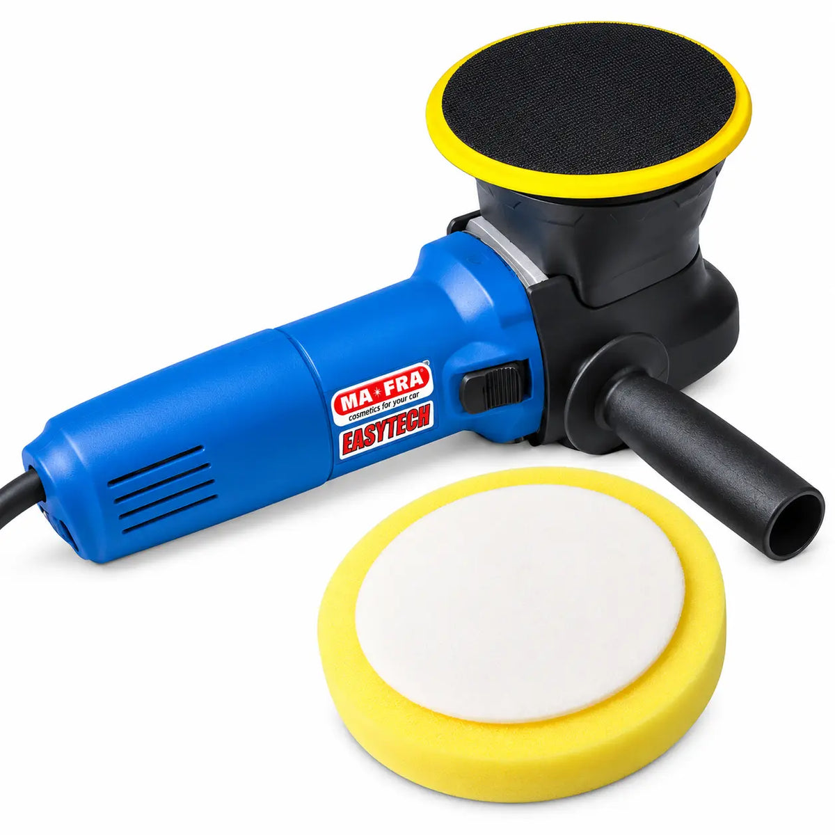 MAFRA Easy Tech electric car polisher with blue body, side handle and yellow foam polishing pad
