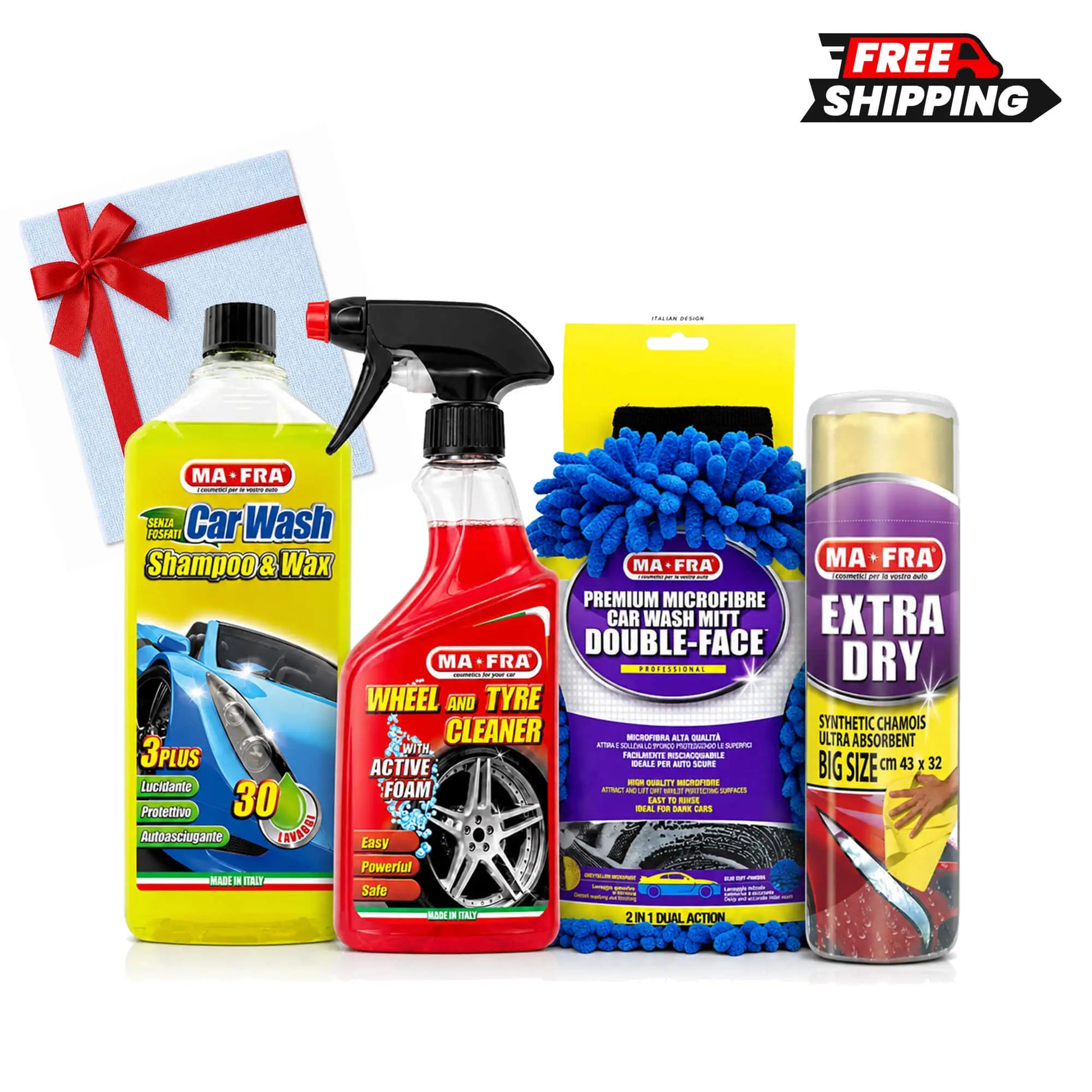 MAFRA home car wash bundle with shampoo, wheel and tyre cleaner, wash mitt and drying cloth
