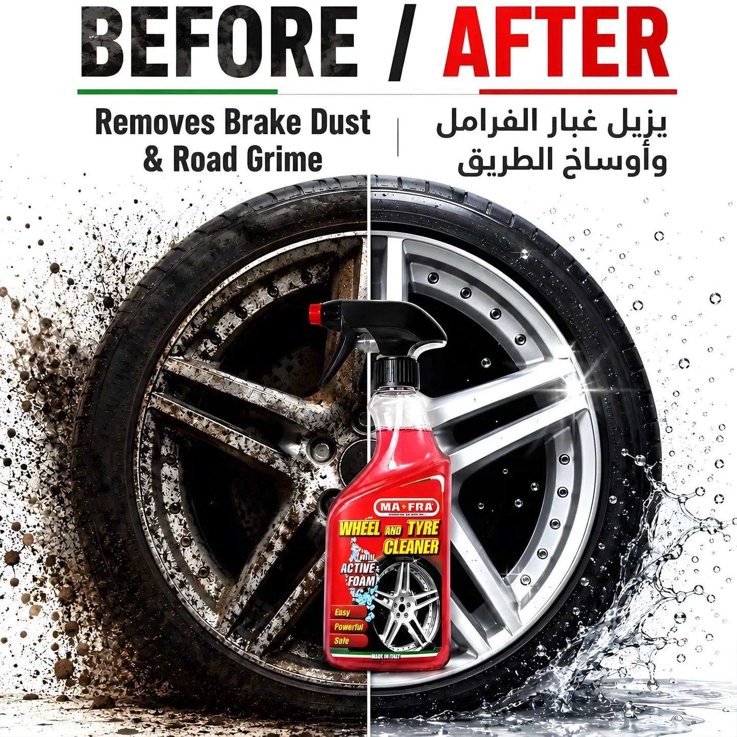 Before and after using MAFRA Wheel and Tyre Cleaner