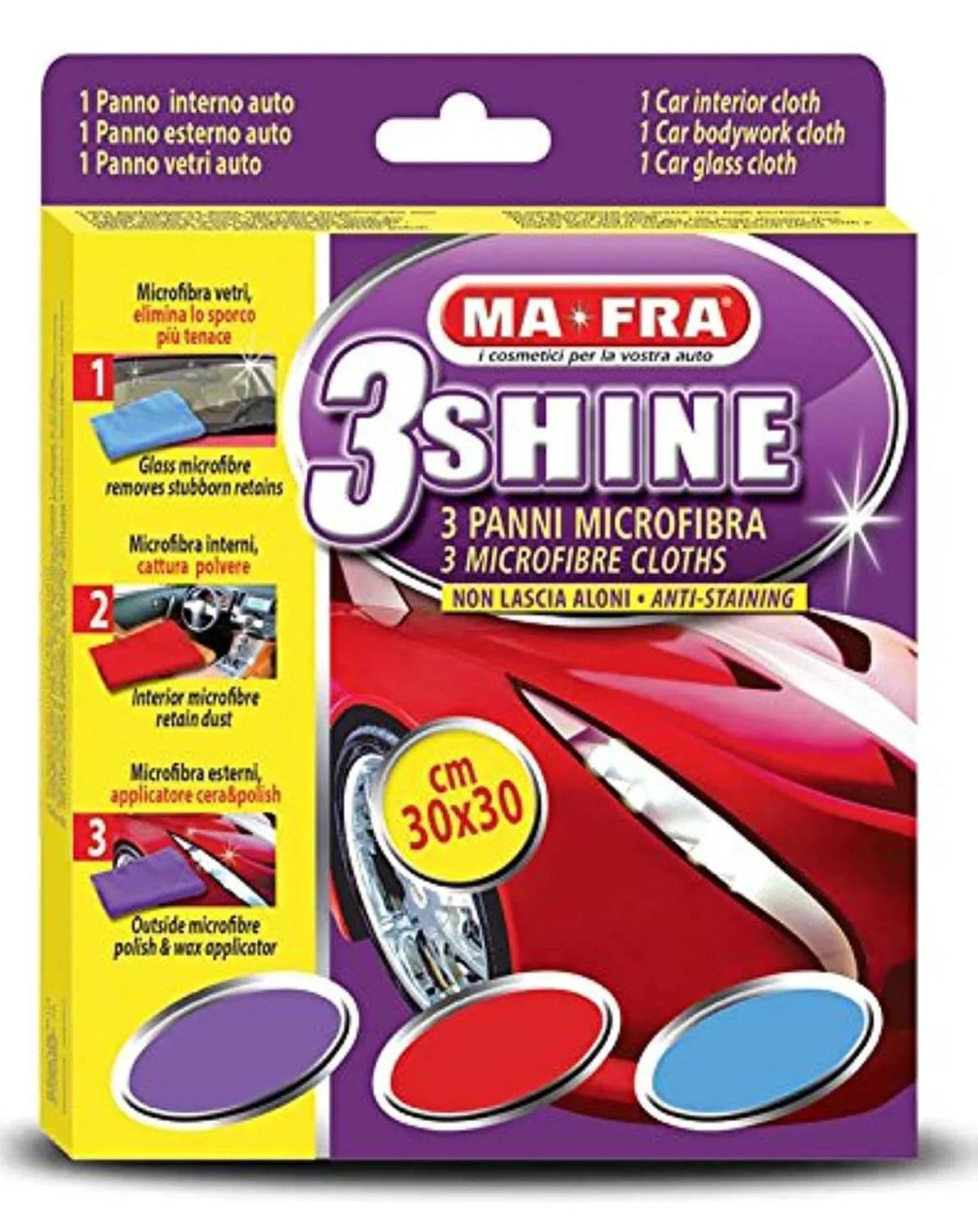 MAFRA 3Shine blue red and purple microfibre cloths