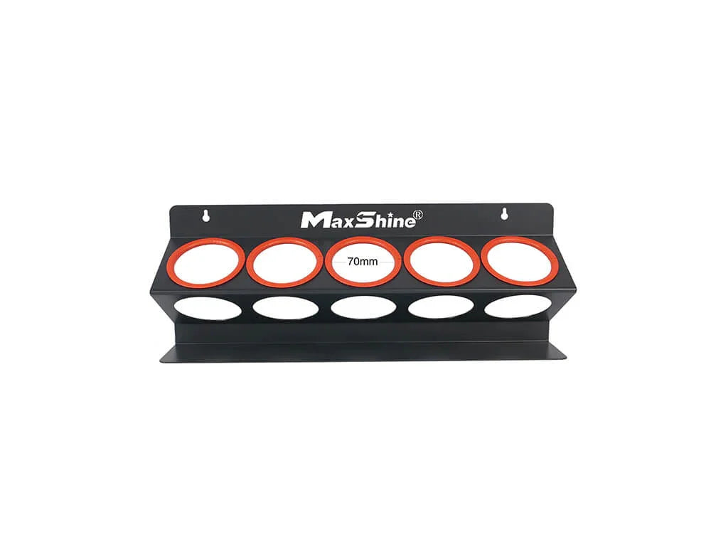 Maxshine black wall-mounted spray bottle holder with five red-rimmed slots